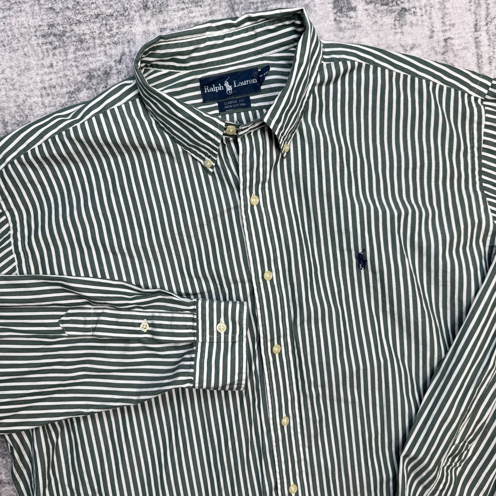 VTG Polo Ralph Lauren Shirt Mens 2XL Green Bengal Stripe Classic Cotton Poplin